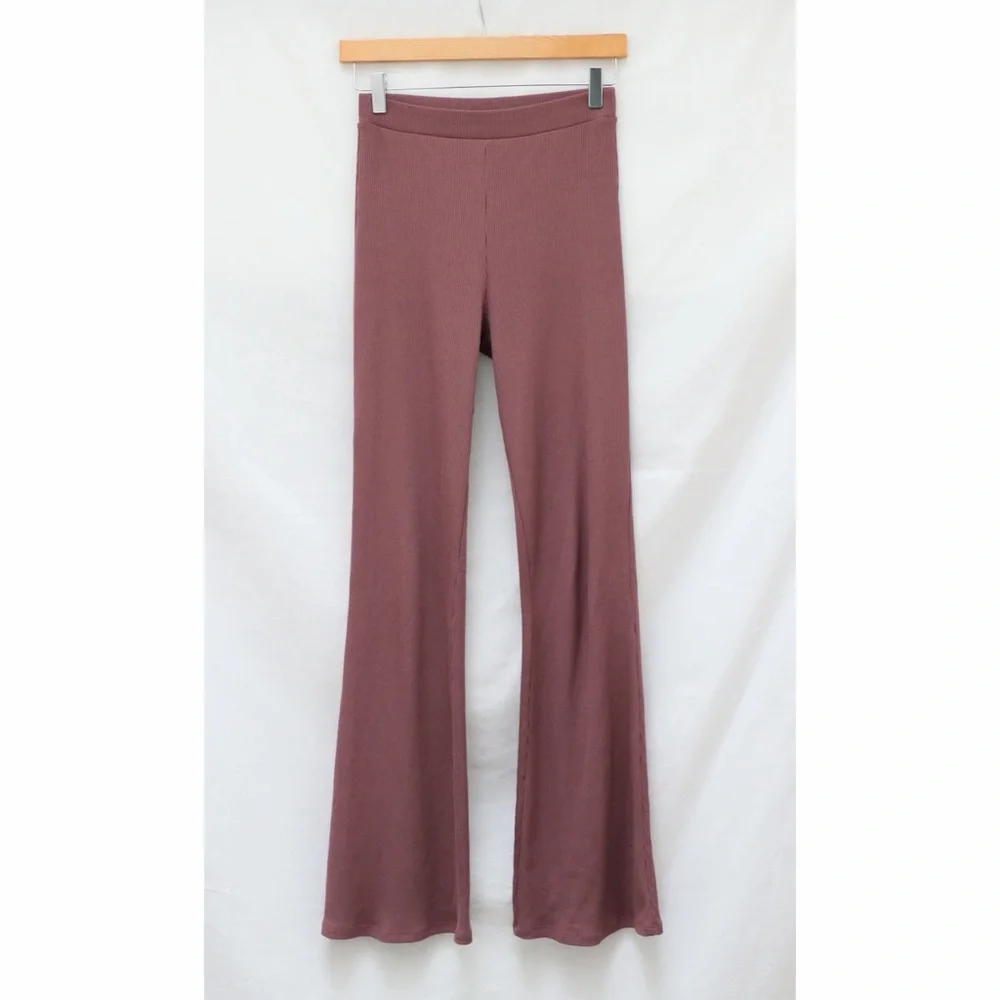 Zara mauve ribbed pants flared leggings yoga stretch relaxed loungewear comfy M - Picture 2 of 8